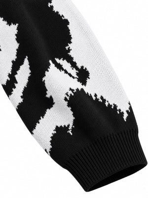 Cardigan col V jacquard abstrait noir et blanc – gros plan sur la manche et le poignet | XoKool