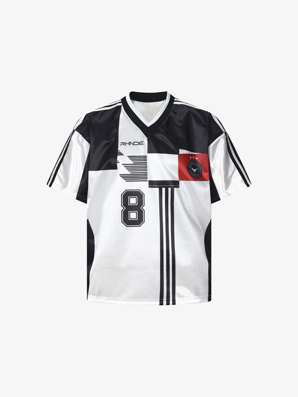 Schwarz-weißes Retro-Fußballtrikot mit Nummer 8 – Weiß, Vorderseite flach ausgelegt | XoKool