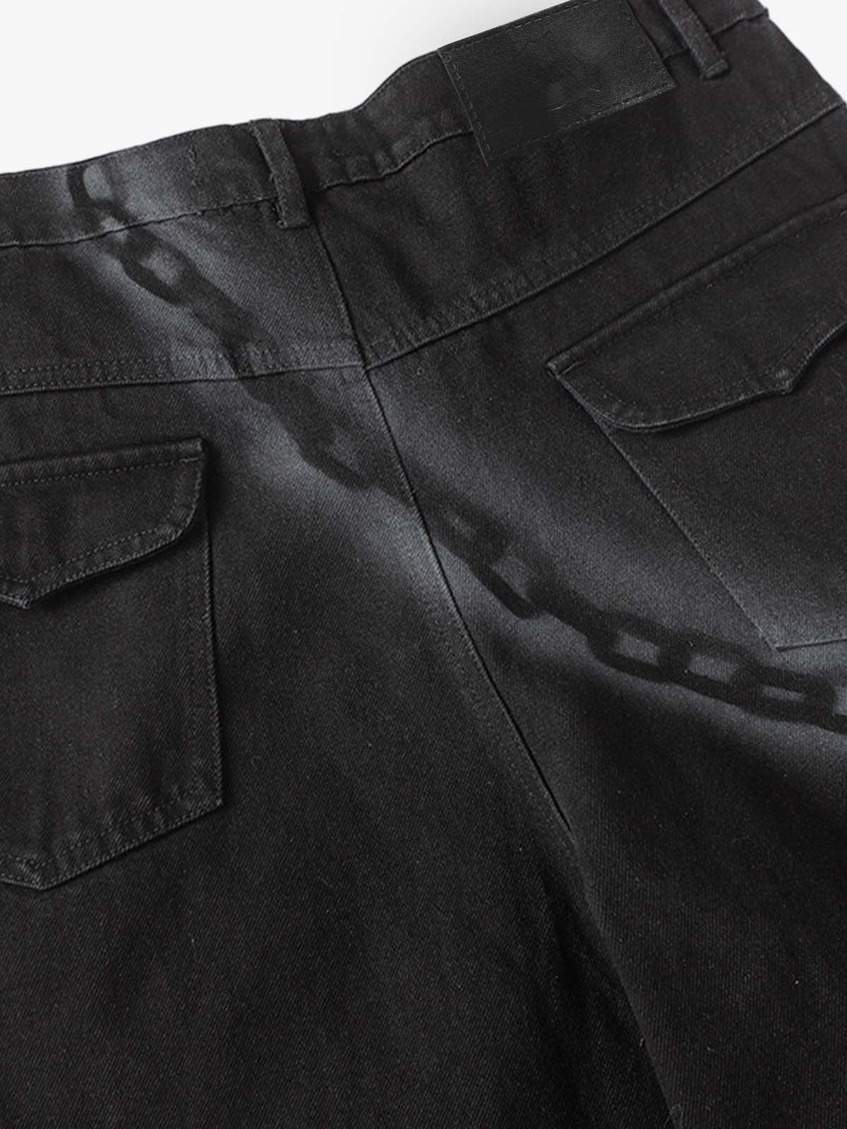 Black chain print jeans – back waistband + flap pockets | XoKool