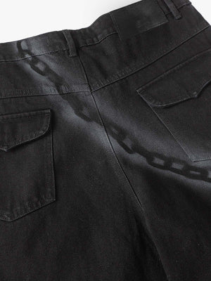 Black chain print jeans – back waistband + flap pockets | XoKool