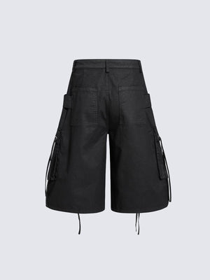 Black drawstring cargo shorts – back flat | XoKool