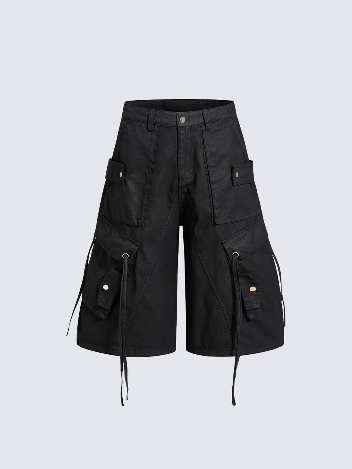 Shorts cargo negros de pierna ancha con cordón – negro, frente en plano | XoKool