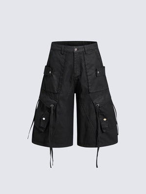 Black Wide Leg Drawstring Cargo Shorts – Black, front flat | XoKool
