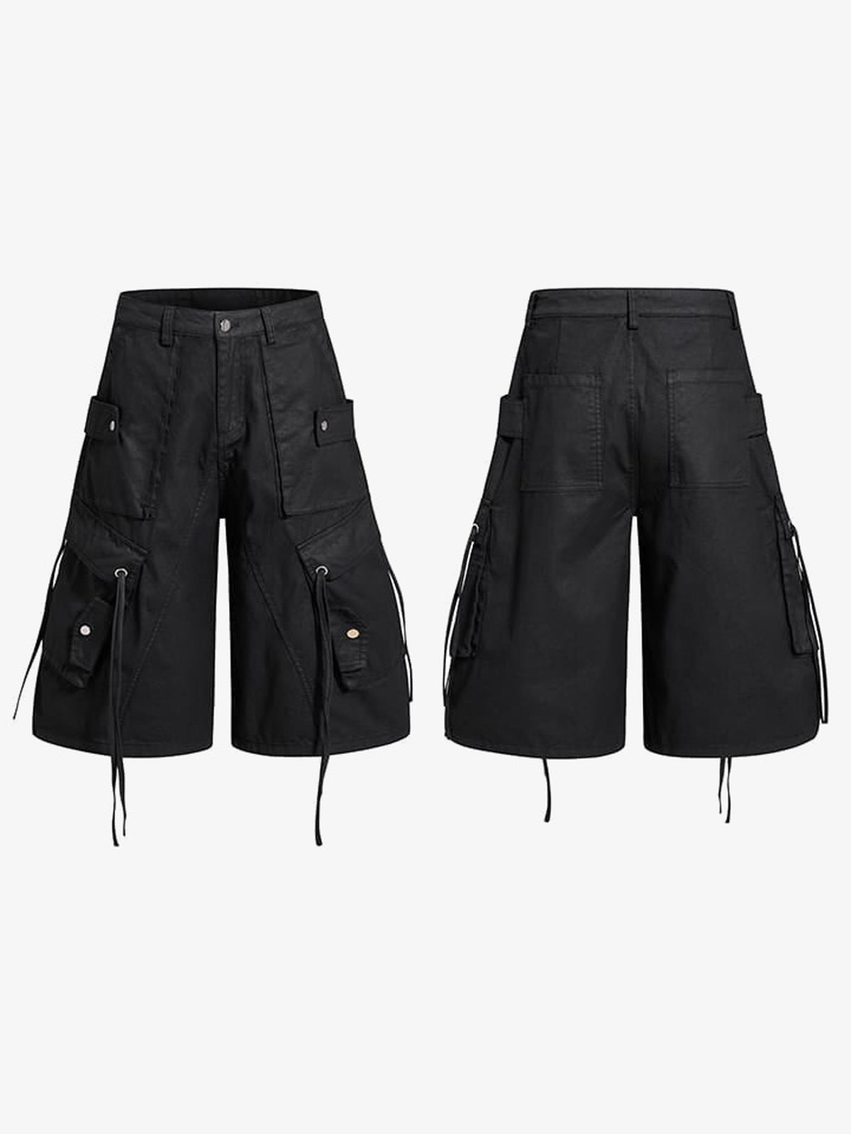 Black drawstring cargo shorts – front and back flat | XoKool