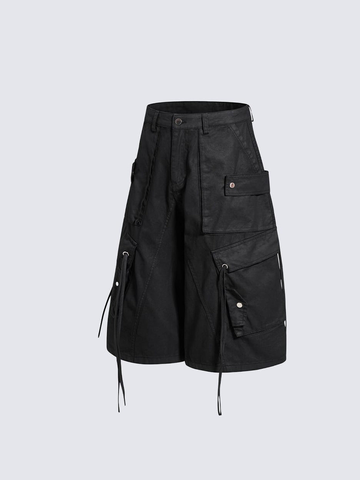 Black Wide Leg Drawstring Cargo Shorts – front flat, angled | XoKool