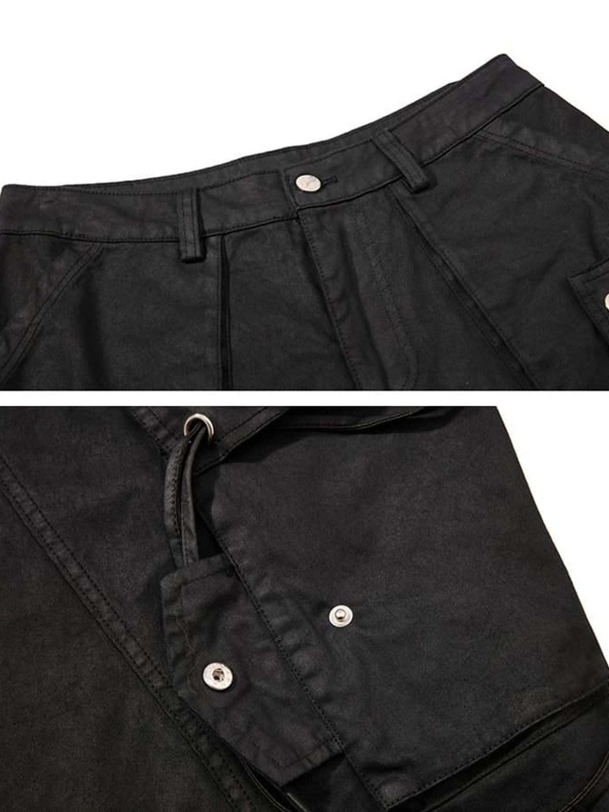 Black drawstring cargo shorts – waistband and pocket close-up | XoKool