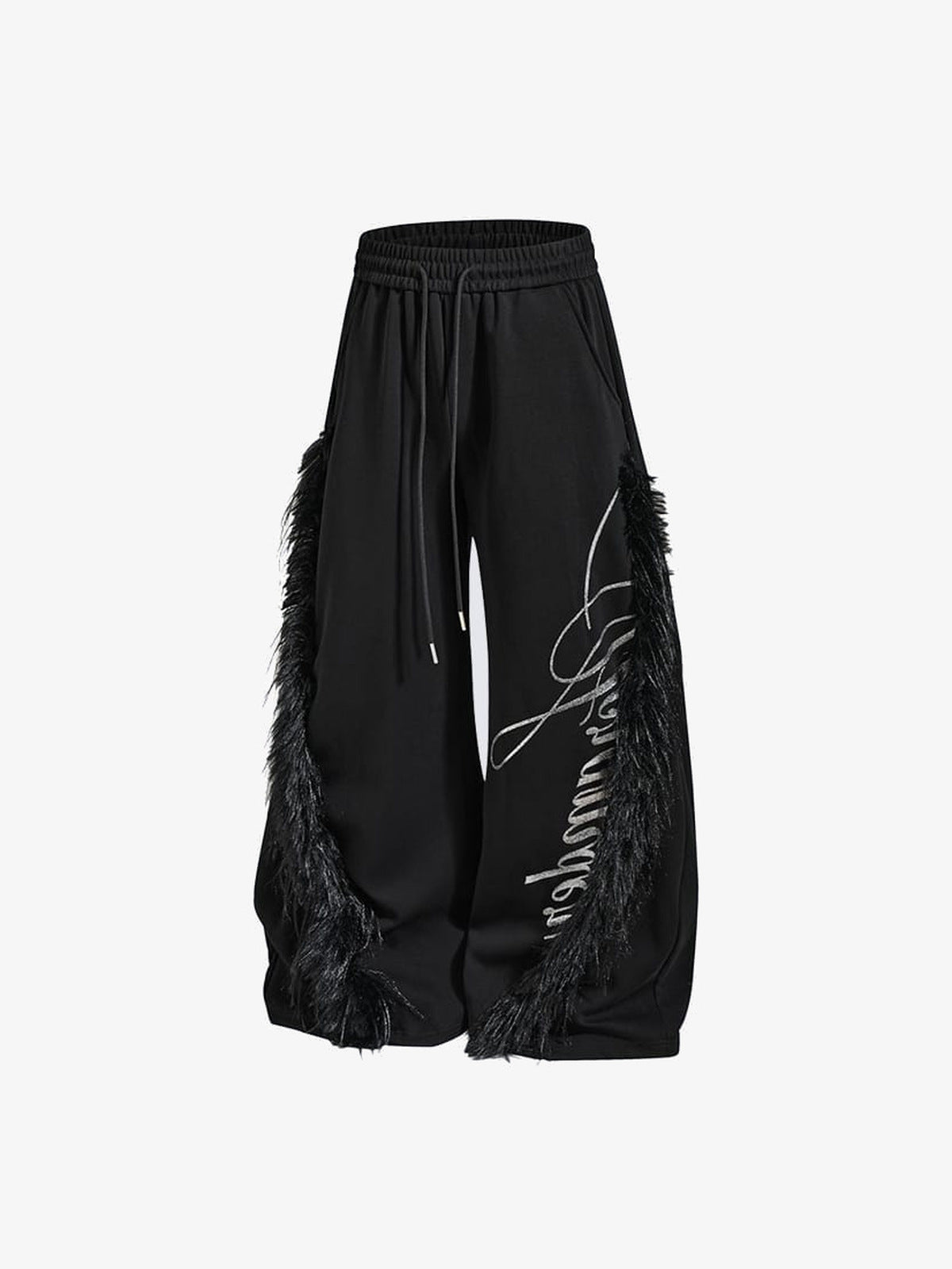 Schwarze Wide Leg Jogginghose mit Fransen – Vorderseite flach, schräg | XoKool