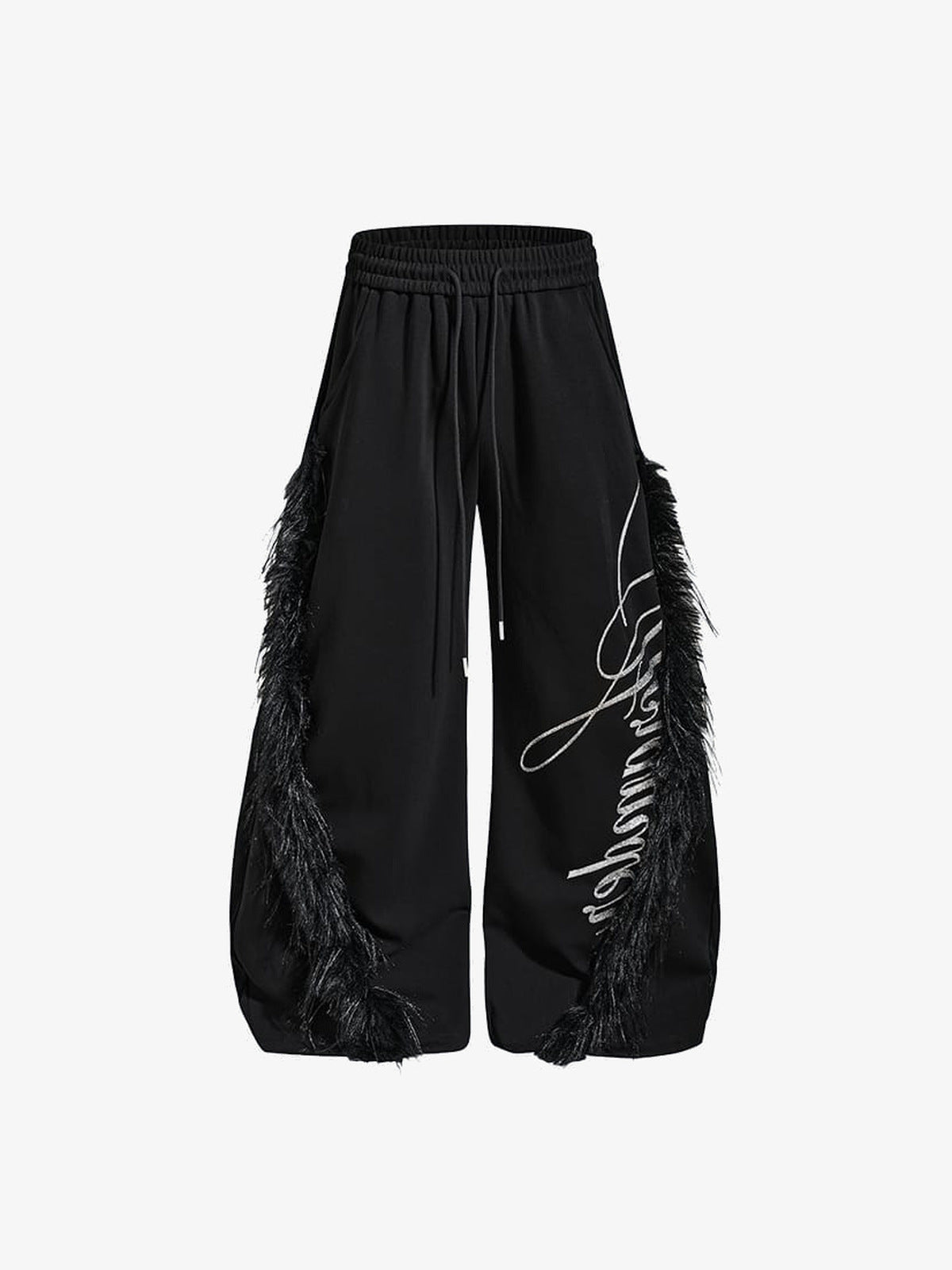 Schwarze Wide Leg Jogginghose mit Fransen – Vorderseite flach | XoKool