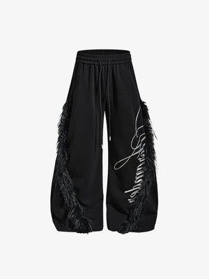Schwarze Wide Leg Jogginghose mit Fransen – Vorderseite flach | XoKool