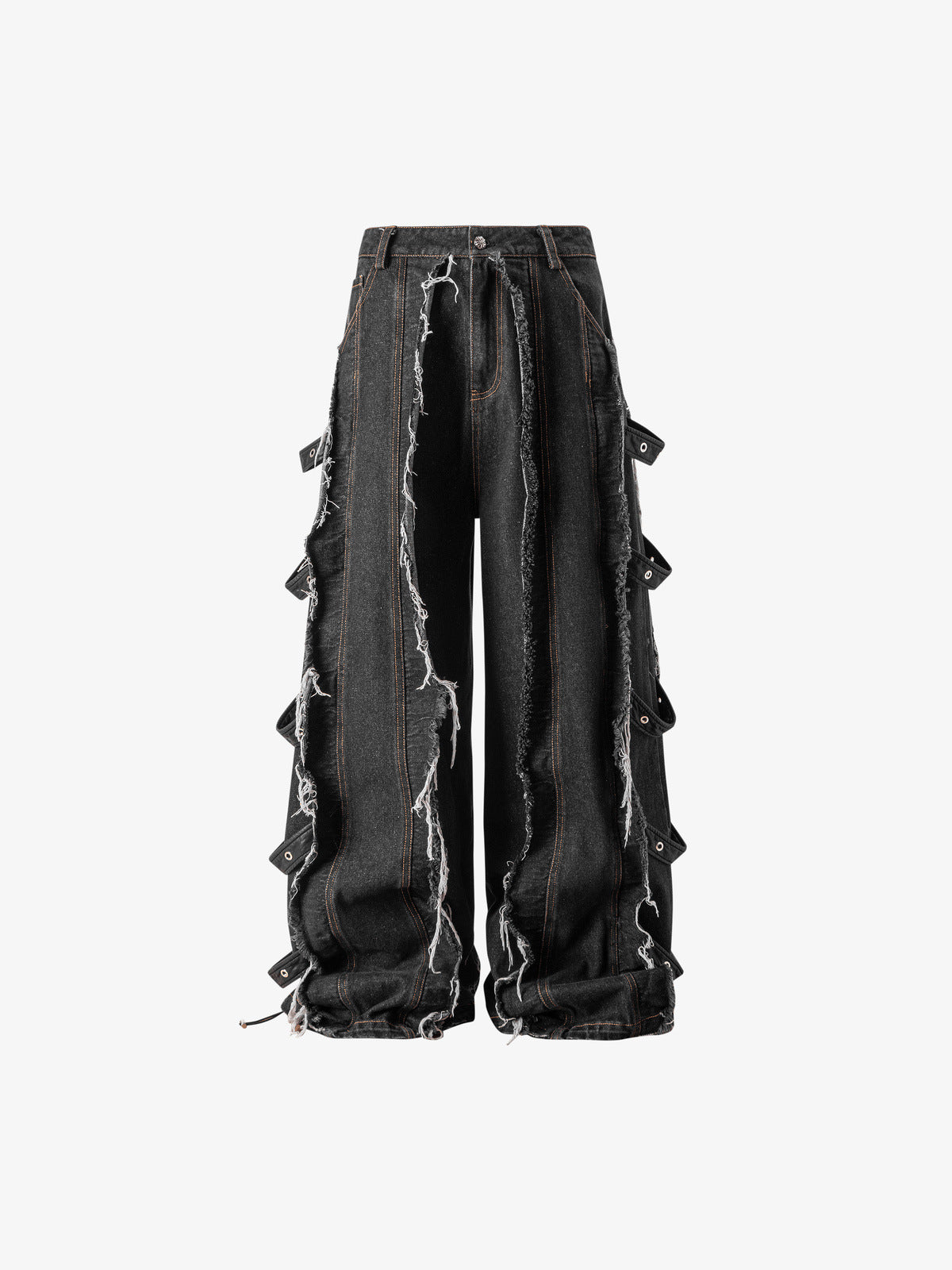 Black Wide Leg Jeans with Frayed Strips – Vintage Black, front flat | XoKool