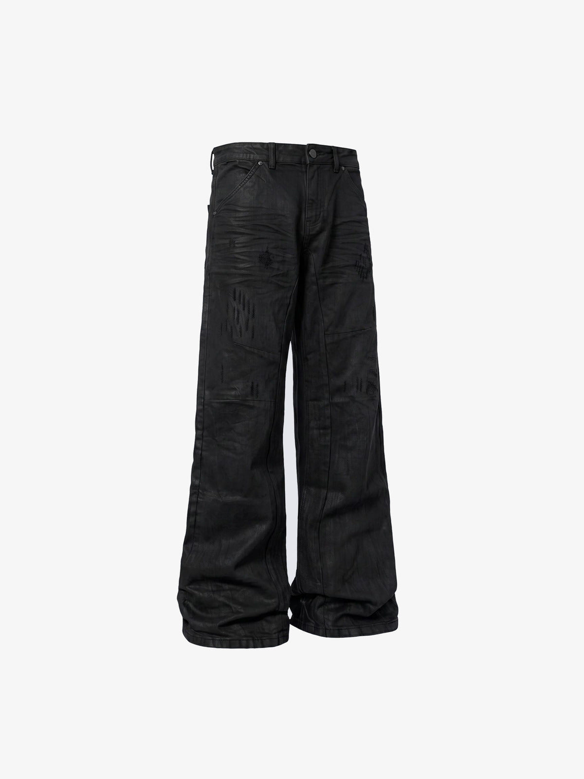 Schwarze Wide Leg Jeans mit Knie-Patches – Vorderseite, flach ausgelegt | XoKool