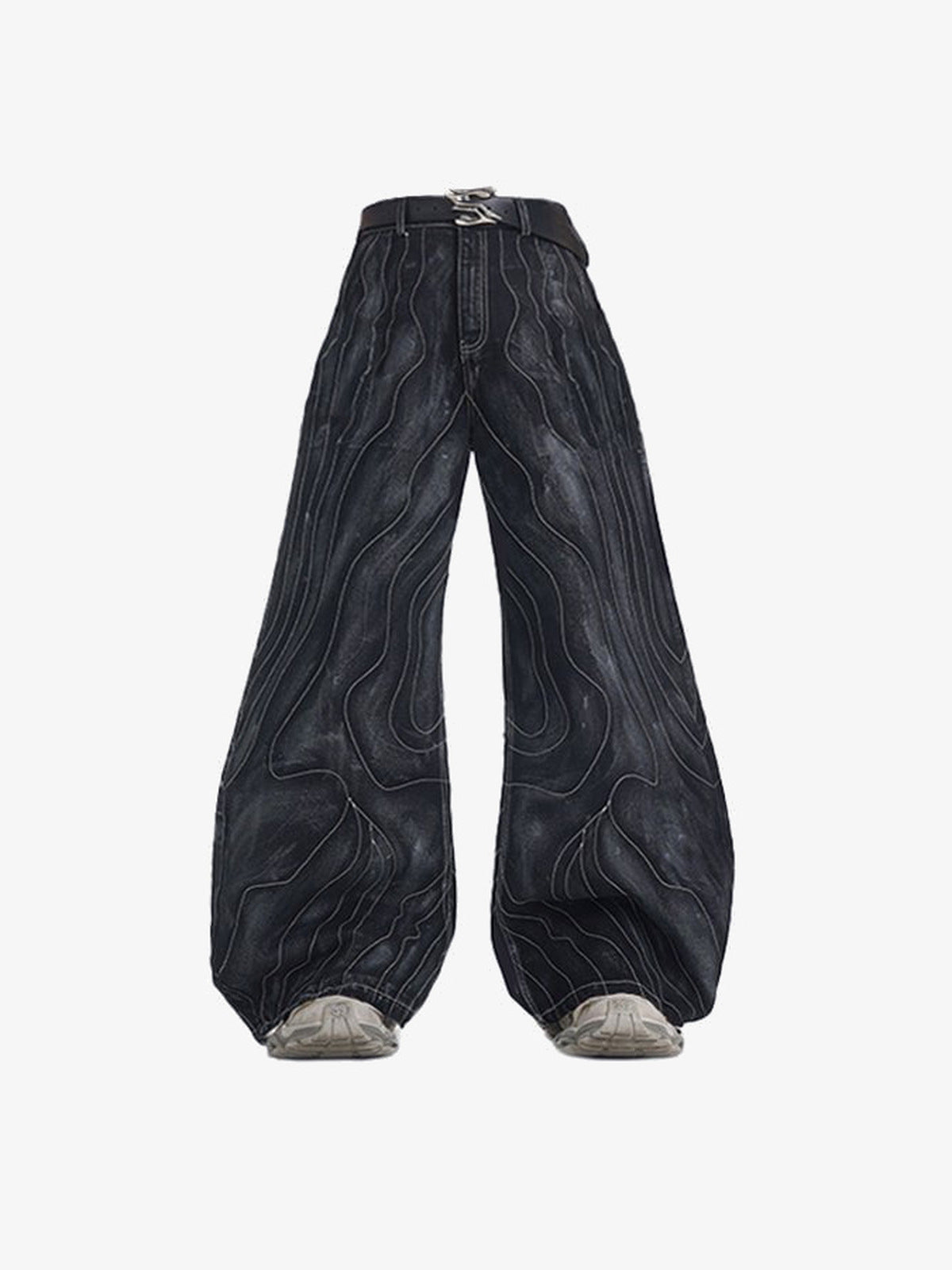 Black Wide Leg Jeans with White Contour Lines – front flat with belt | XoKool