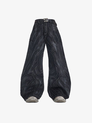 Black Wide Leg Jeans with White Contour Lines – front flat with belt | XoKool