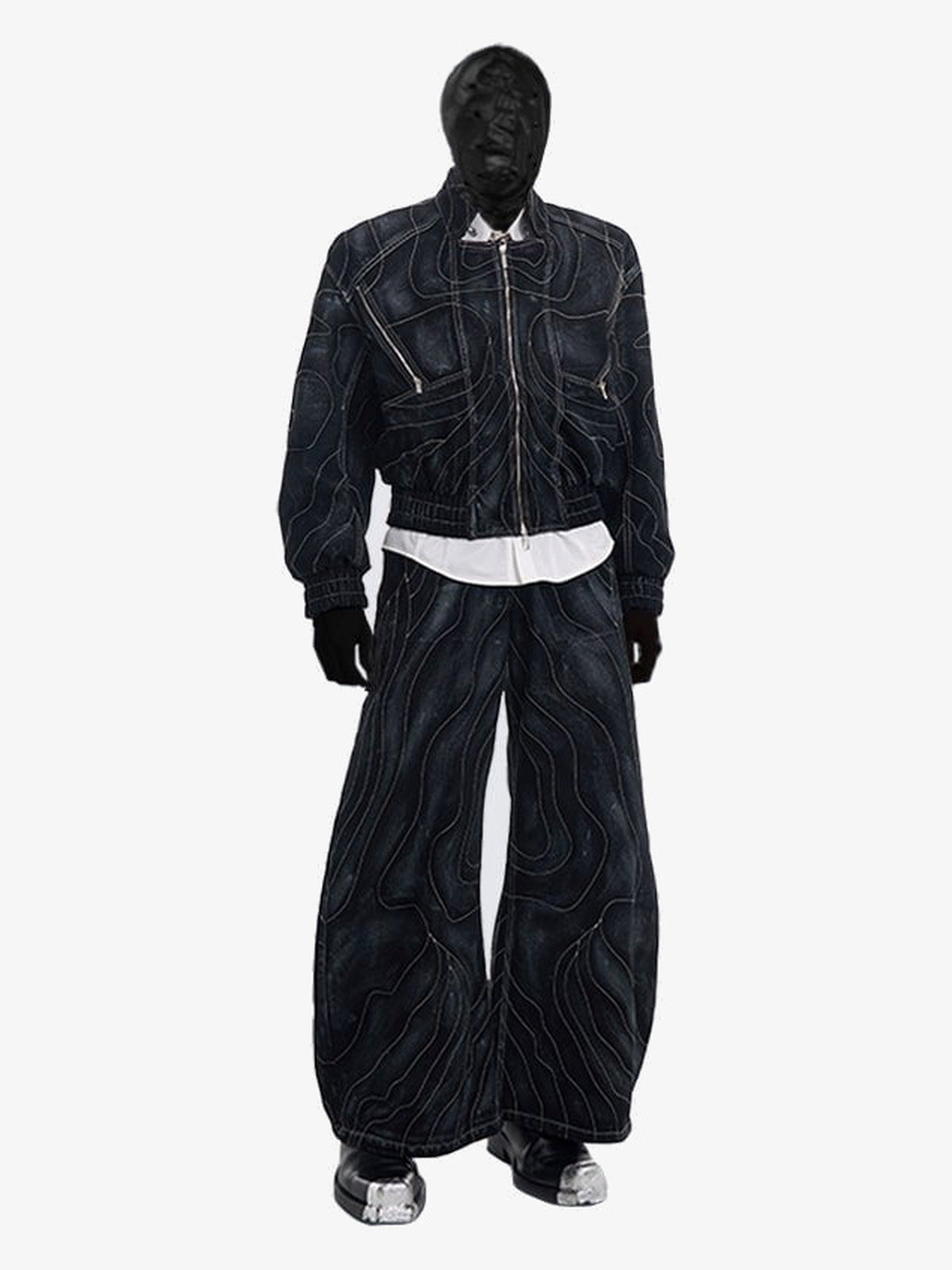 Contour line wide leg jeans – on mannequin with matching jacket and mask | XoKool