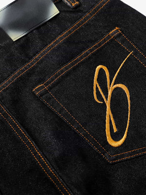 Black Wide Leg Jeans with Crossover Waist – Black, back pocket embroidery close-up | XoKool