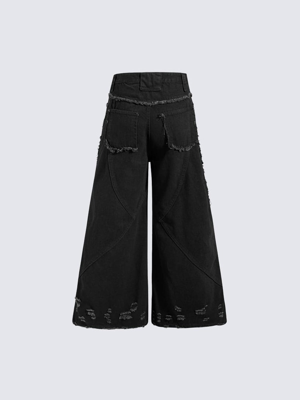 Schwarze Wide Leg Jeans mit Reißverschlüssen und ausgefransten Nähten – Rückansicht flach | XoKool