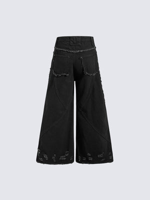 Schwarze Wide Leg Jeans mit Reißverschlüssen und ausgefransten Nähten – Rückansicht flach | XoKool