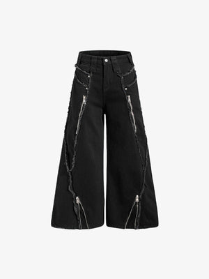 Schwarze Wide Leg Jeans mit Reißverschlüssen und ausgefransten Nähten – Vorderseite flach | XoKool