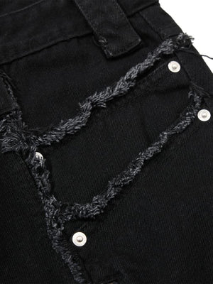 Schwarze Wide Leg Jeans mit Reißverschluss – ausgefranste Naht in Nahaufnahme | XoKool