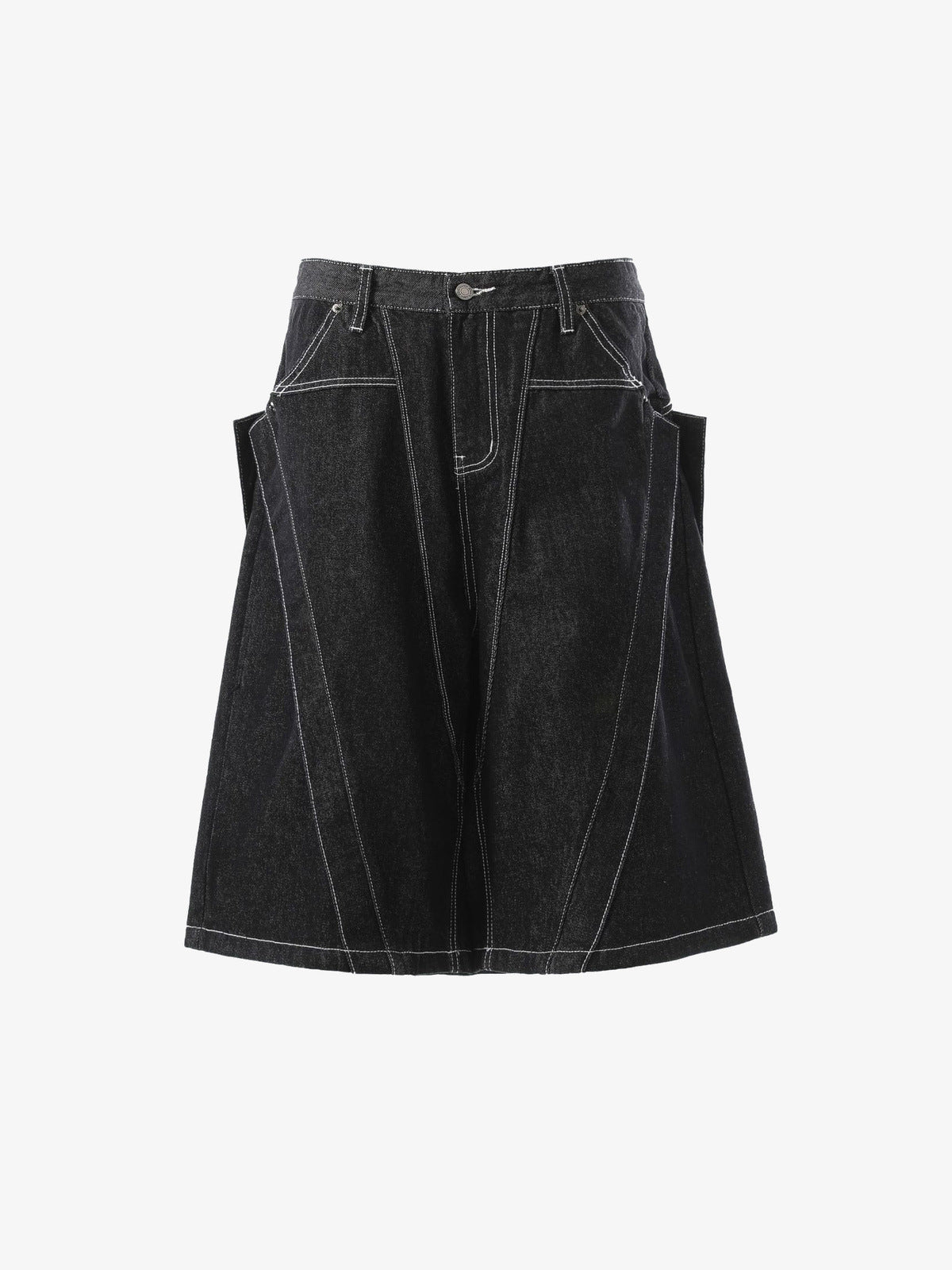 Schwarze Wide Leg Jorts mit weißen Kontrastnähten – Schwarz, Vorderansicht flach | XoKool