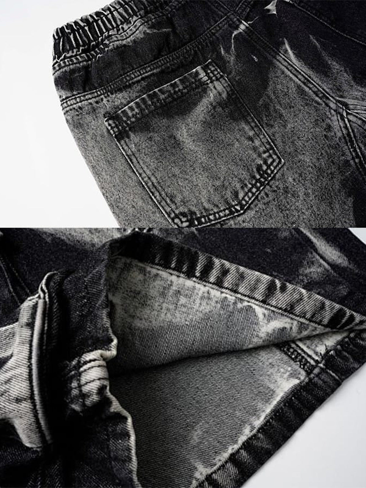 Jeansshorts mit Tunnelzug – Schwarz Bleach Wash, Gesäßtasche und Innenseite im Detail | XoKool