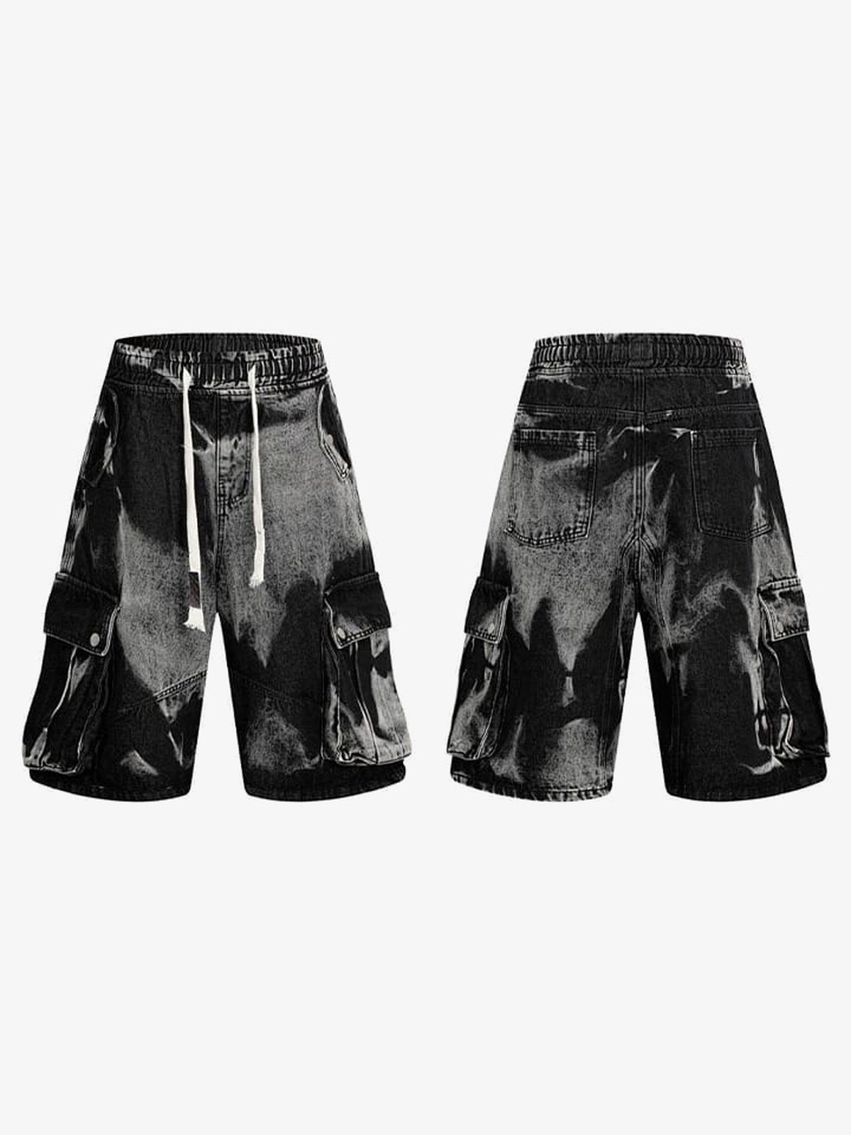 Jeansshorts mit Tunnelzug – Schwarz Bleach Wash, Vorder- und Rückseite | XoKool