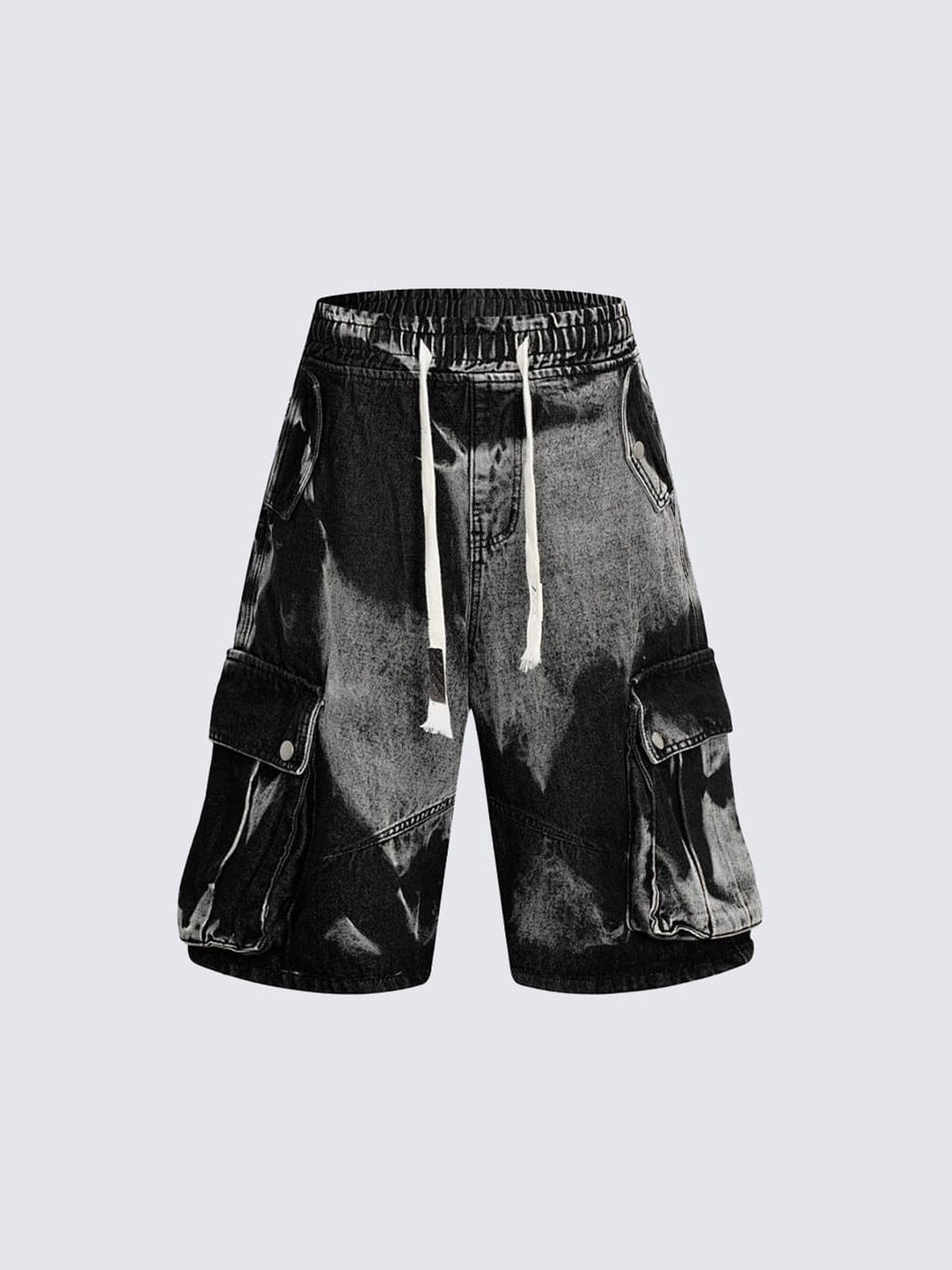 Denim-Cargoshorts mit Tunnelzug im Bleach-Wash – Schwarz Bleach Wash, Vorderseite flach | XoKool