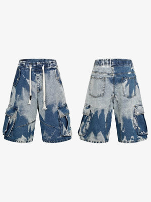 Jeansshorts mit Tunnelzug – Blau Bleach Wash, Vorder- und Rückseite | XoKool