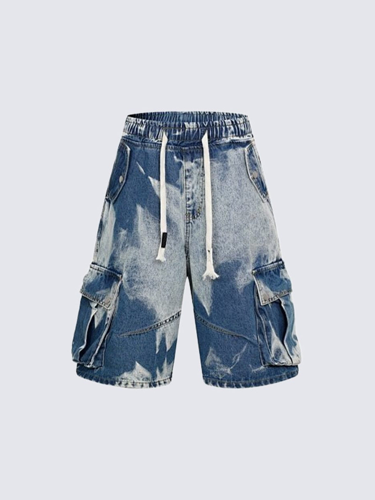 Denim-Cargoshorts mit Tunnelzug im Bleach-Wash – Blau Bleach Wash, Vorderseite flach | XoKool