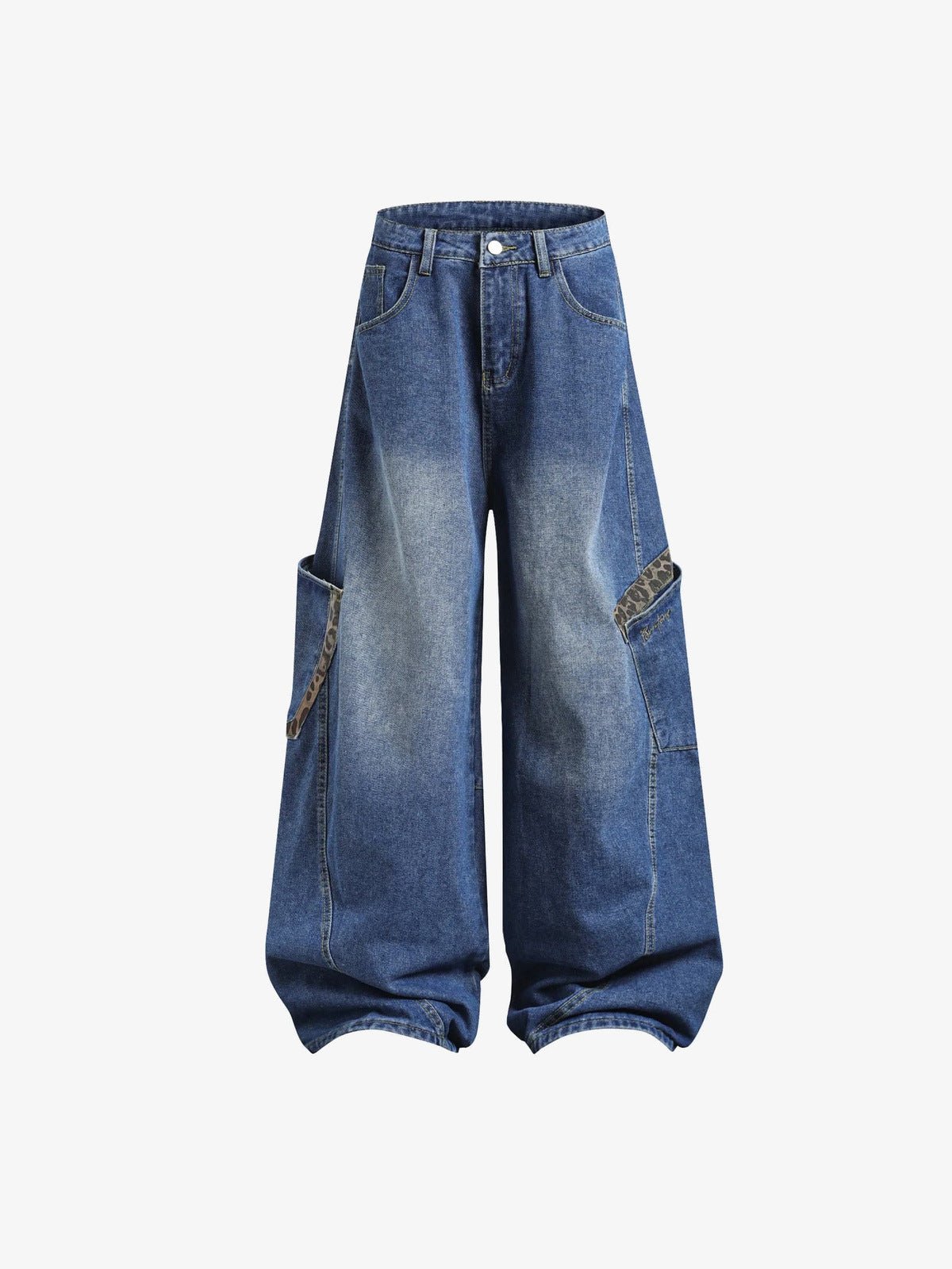 Blaue Baggy Cargo Jeans mit Leopardenmuster-Besatz – Vorderseite, flach | XoKool