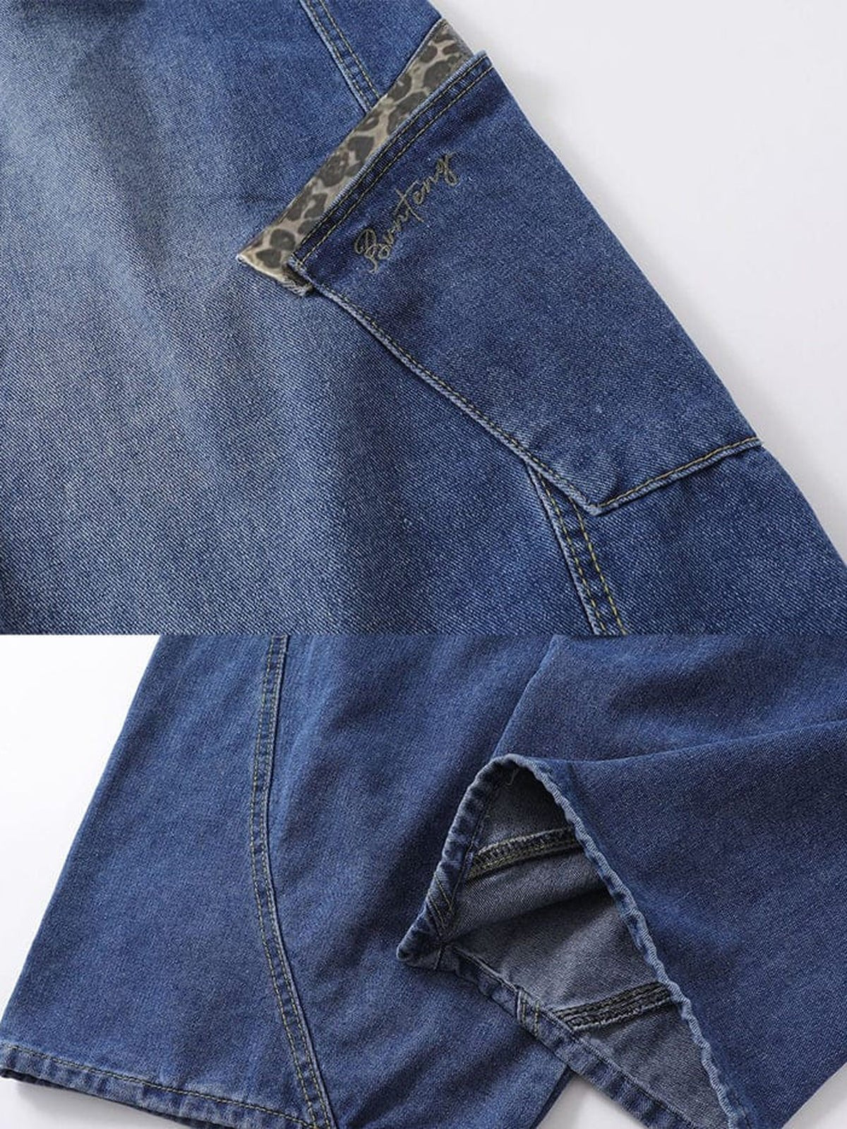 Cargo Jeans mit Leopardenbesatz – Collage aus Leopardenbesatz und Beinschlitz am Saum | XoKool