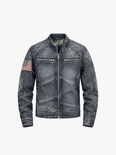 Giacca di Jeans Moto Blu Grigio con Spalle Trapuntate