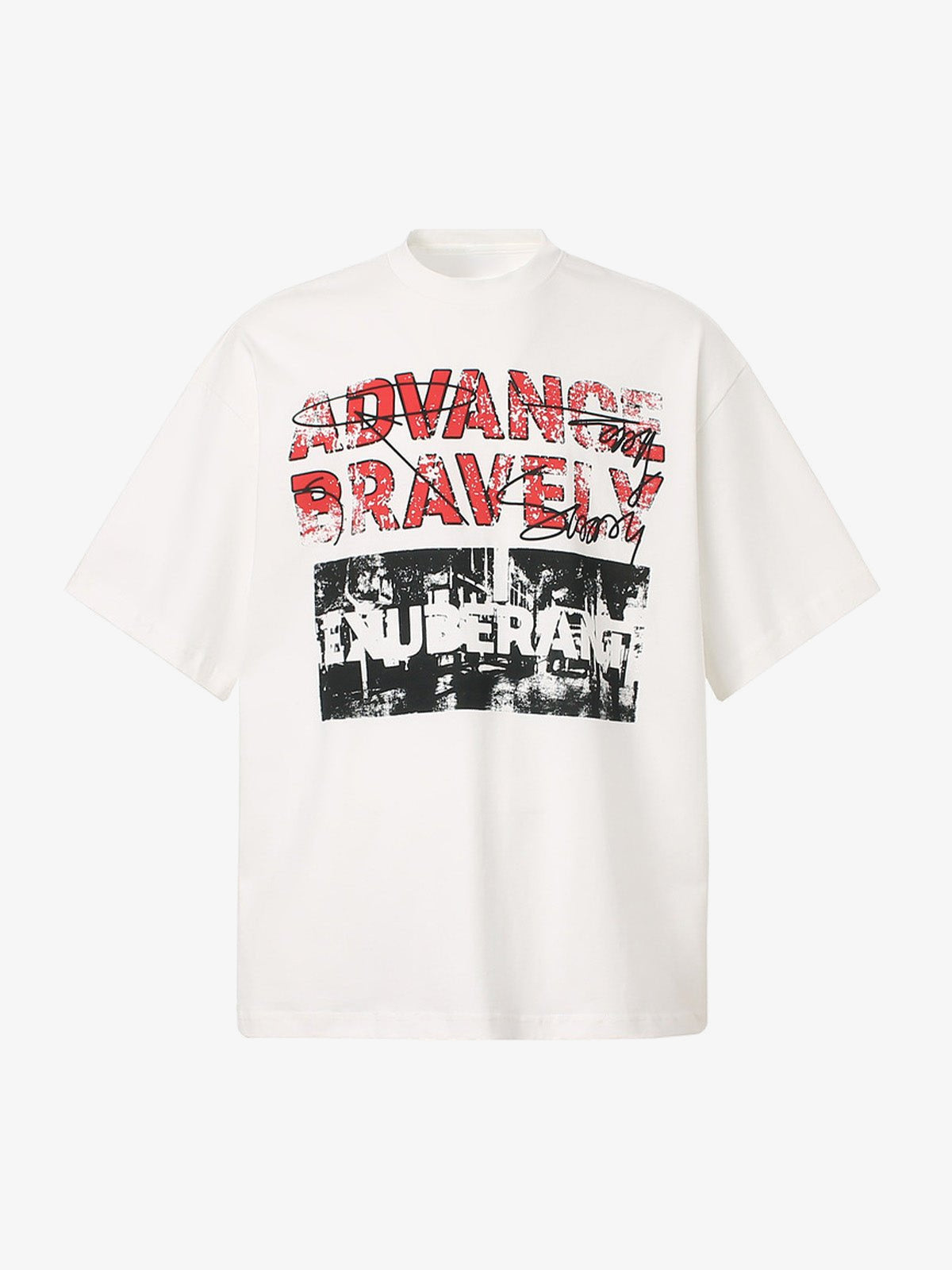 Mock Neck Slogan T-Shirt with Red Distressed Print – White, front | XoKool