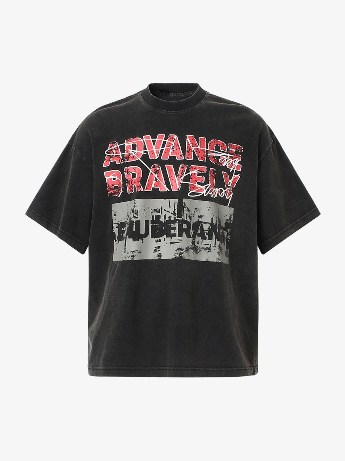 Mock Neck Slogan T-Shirt with Red Distressed Print – Washed Black, front | XoKool