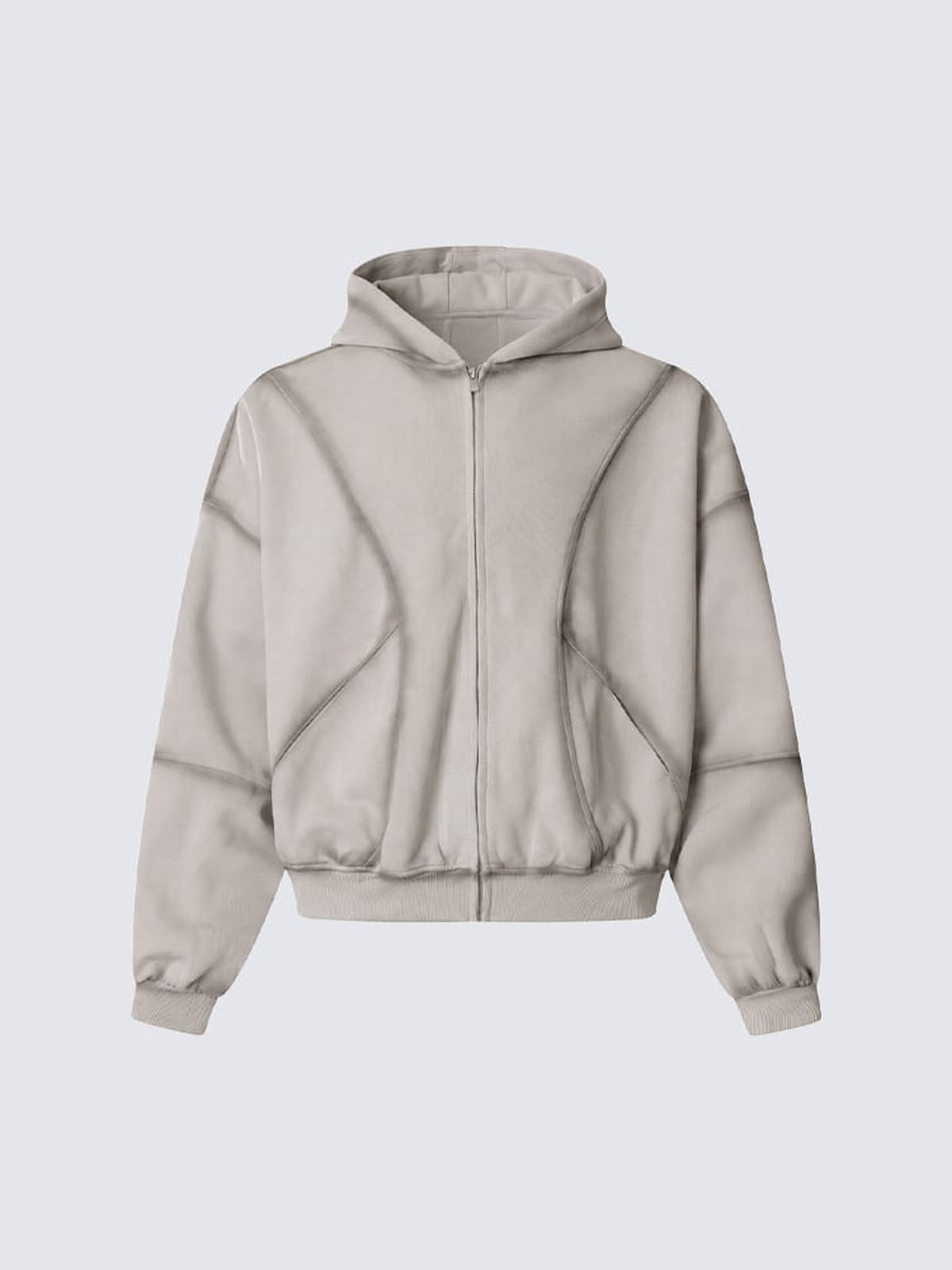 Boxy Cropped Zip Up Hoodie with Curved Panels – Beige, front view | XoKool