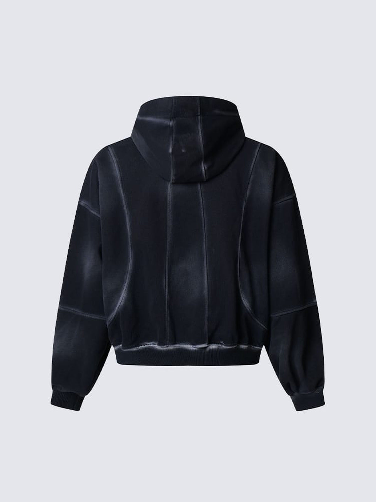Boxy Cropped Zip Up Hoodie with Curved Panels – Black, back view | XoKool