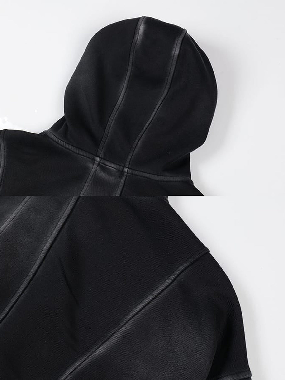 Panel zip up hoodie – Black, hood seam close-up | XoKool
