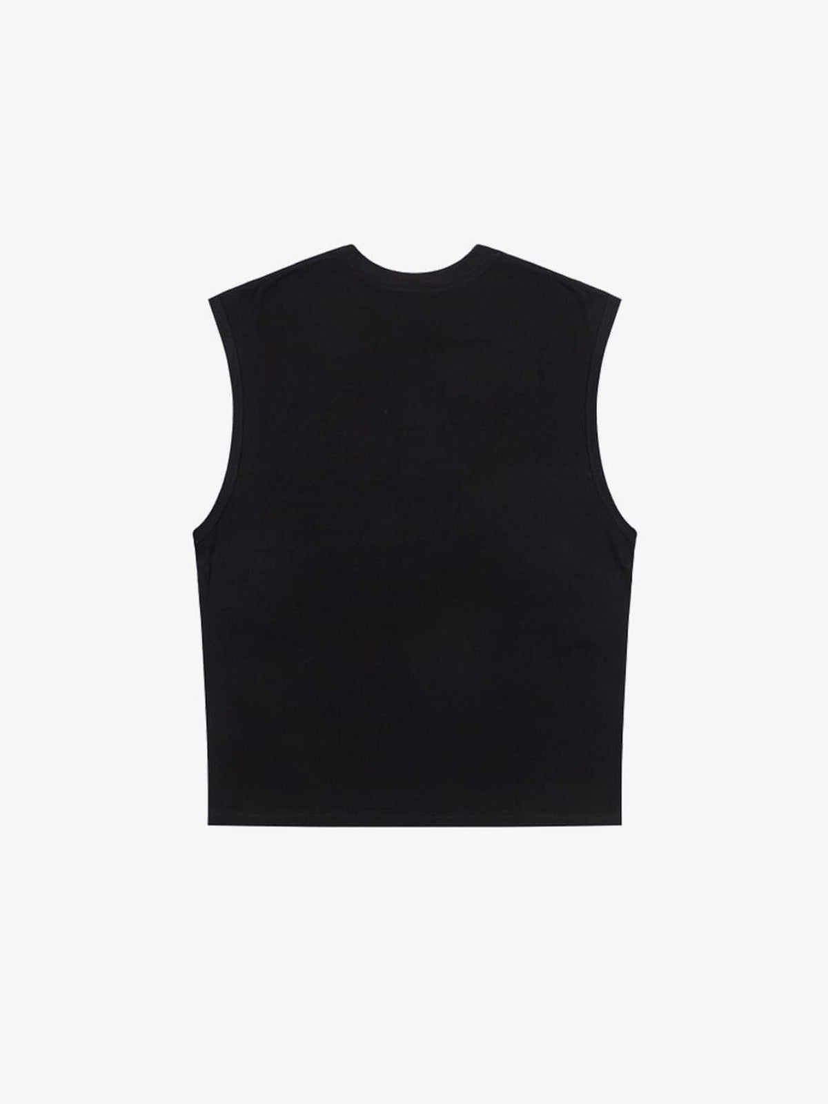 Boxy ärmelloses T-Shirt mit Slogan-Print – Schwarz, Rückseite flach | XoKool