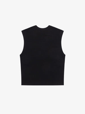 Camiseta sin mangas boxy con estampado de lema – negro, espalda plana | XoKool