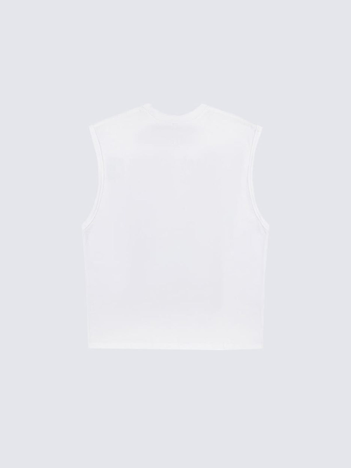 Camiseta sin mangas boxy con estampado de lema – blanco, parte trasera plana | XoKool