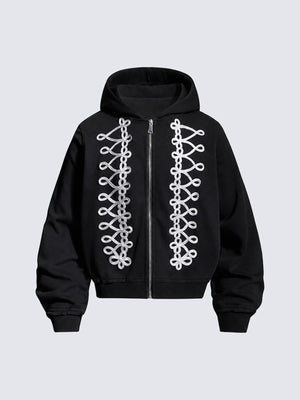 Cord loop zip up hoodie – Black, front flat | XoKool