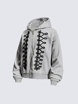 Cord loop zip up hoodie – Heather Grey, 3/4 flat | XoKool