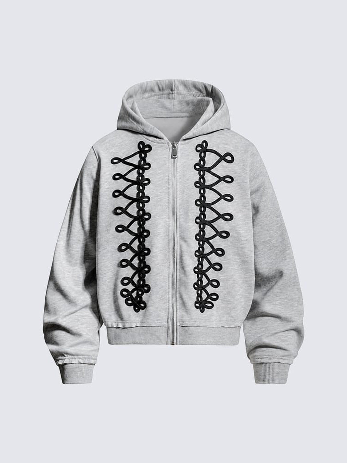 Braided Cord Cropped Zip Up Hoodie – Heather Grey, front flat | XoKool