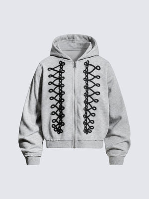 Braided Cord Cropped Zip Up Hoodie – Heather Grey, front flat | XoKool