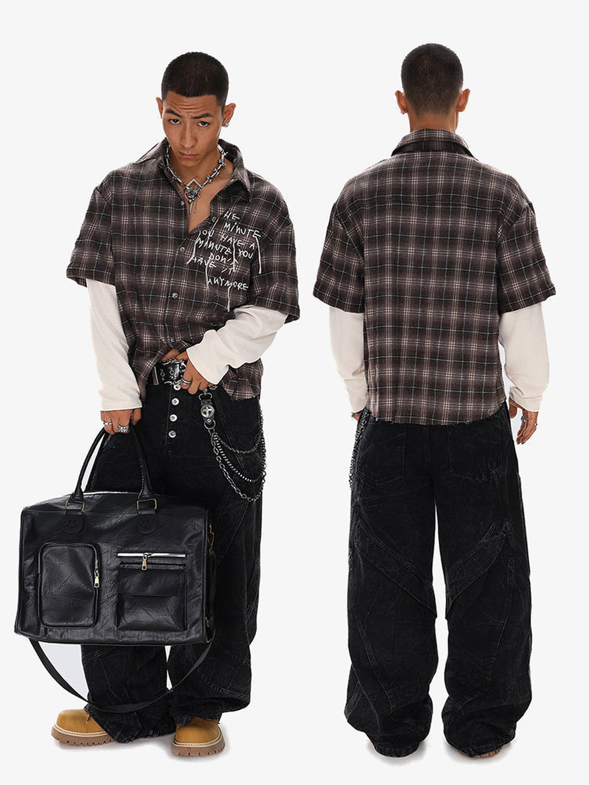 Layered plaid shirt – on model, front + back | XoKool