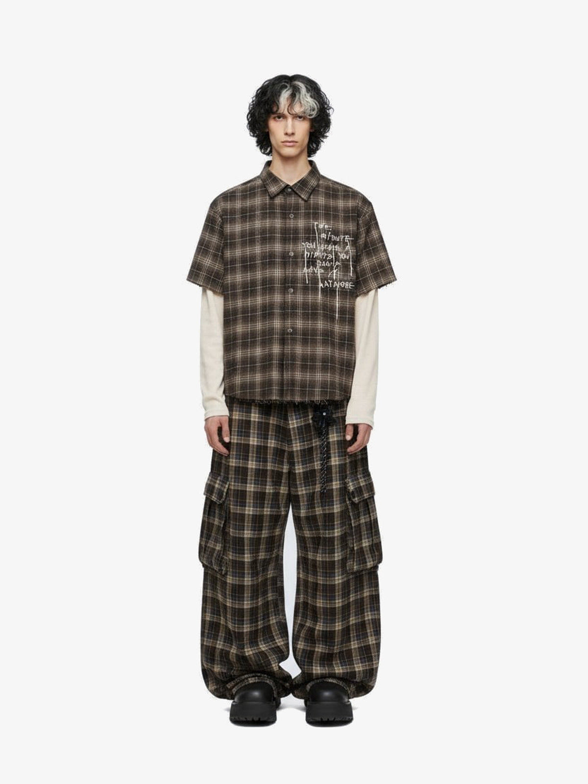Brown Plaid Shirt with Layered Long Sleeves – on model, full | XoKool