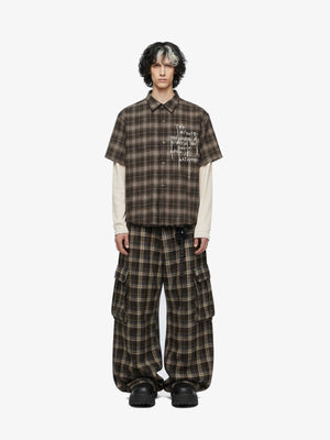 Brown Plaid Shirt with Layered Long Sleeves – on model, full | XoKool