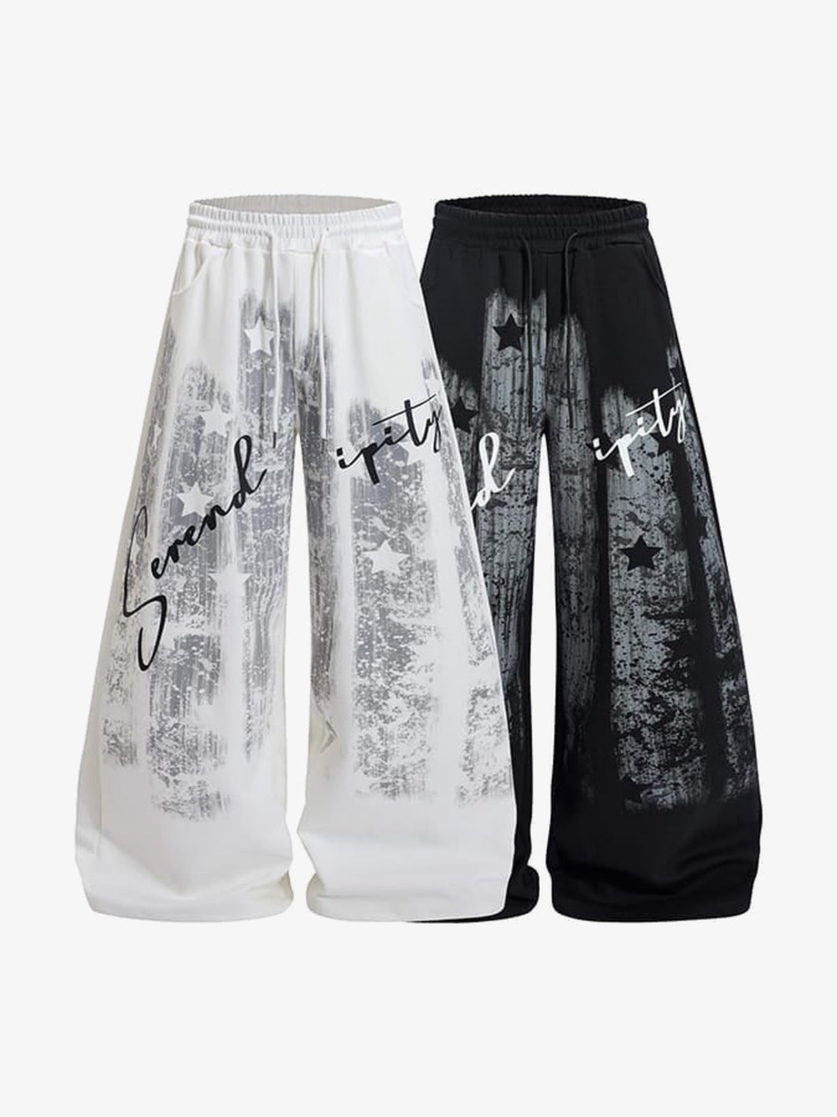 Wide Leg Jogginghose mit Pinsel-Farbprint – Weiß und Schwarz zusammen | XoKool