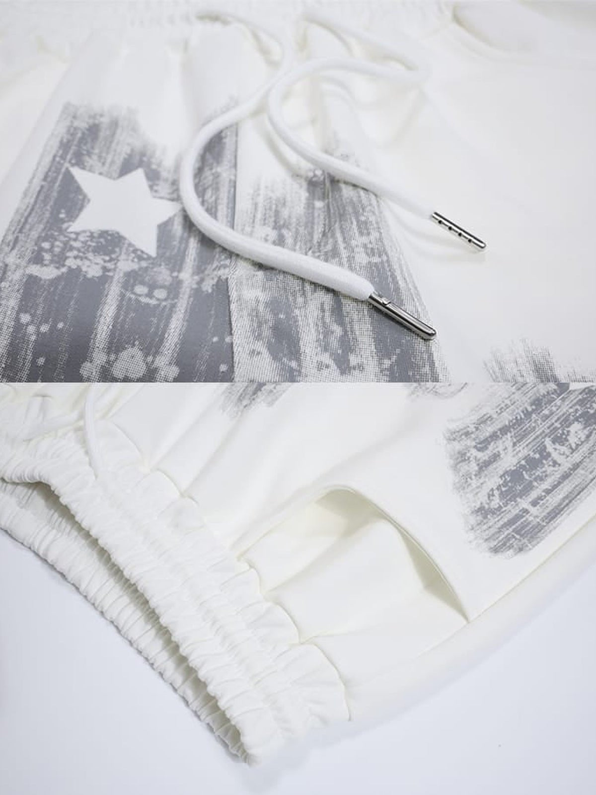 Jogginghose mit Farbprint – Weiß, Detailaufnahme Kordel und Tasche | XoKool