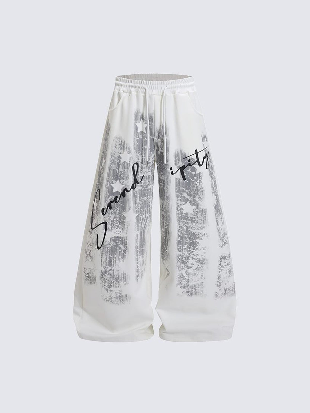 Wide Leg Jogginghose mit Pinselstrich-Print – Weiß, Vorderansicht flach | XoKool